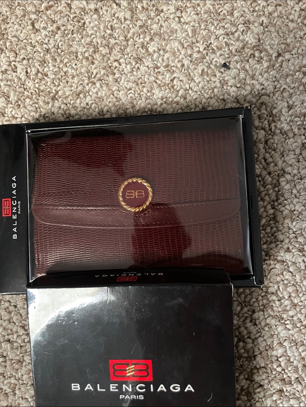 Balenciaga Burgundy Textured Leather Wallet with Gold BB Emblem